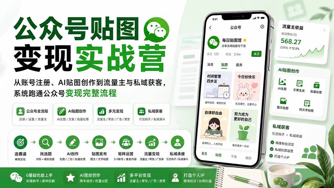 (20120期)公众号贴图变现实战营:从账号注册、AI贴图创作到流量主与私域获客,系统跑通公众号变现完整流程-韬哥副业项目资源网