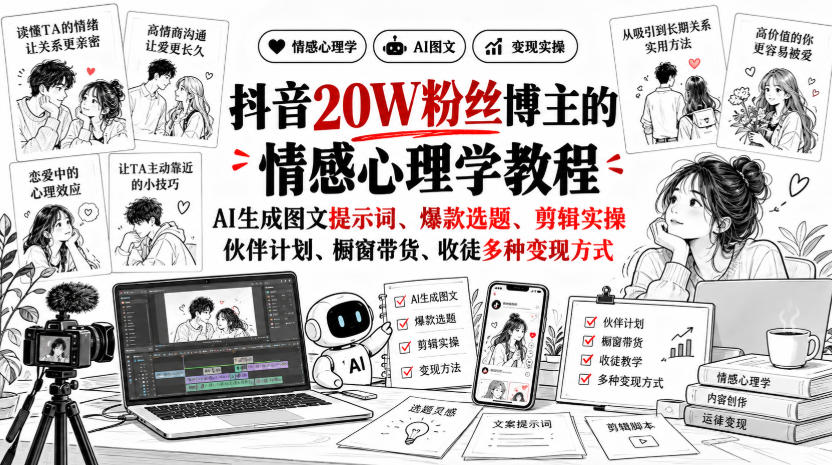 抖音20W粉丝博主的情感心理学教程，AI生成图文提示词、爆款选题、剪辑实操，伙伴计划、橱窗带货、收徒多种变现方式-韬哥副业项目资源网