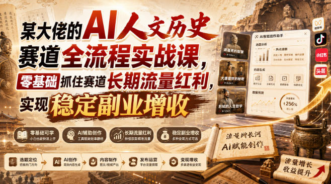 某大佬的AI人文历史赛道全流程实战课，零基础抓住赛道长期流量红利，实现稳定副业增收-韬哥副业项目资源网