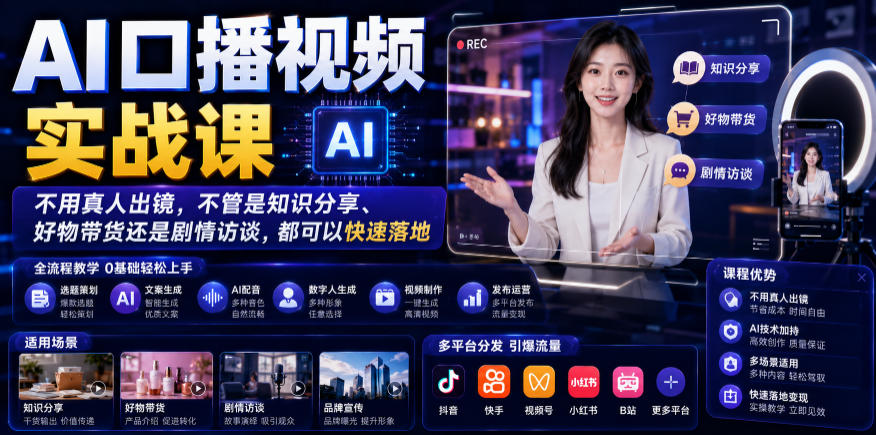 AI口播视频实战课,不用真人出镜,不管是知识分享、好物带货还是剧情访谈,都可以快速落地-韬哥副业项目资源网