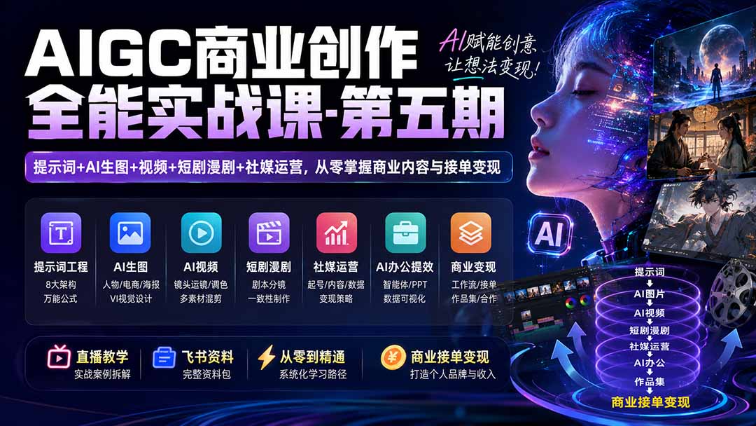 AIGC商业创作全能实战课-第五期：提示词+AI生图+视频+短剧漫剧+社媒运营，从零掌握商业内容与接单变现-韬哥副业项目资源网