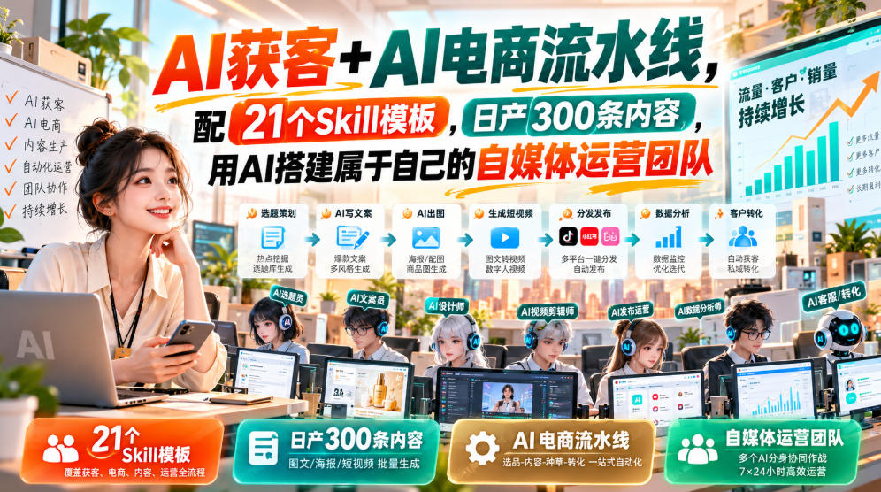 AI获客+AI电商流水线，配21个Skill模板，日产300条内容，用AI搭建属于自己的自媒体运营团队-韬哥副业项目资源网