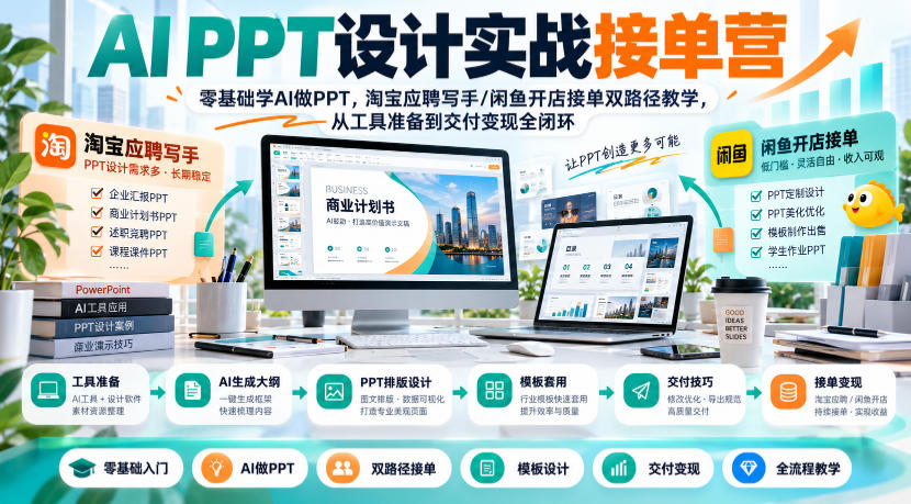 AI PPT设计实战接单营｜零基础学AI做PPT，淘宝应聘写手/闲鱼开店接单双路径教学，从工具准备到交付变现全闭环-韬哥副业项目资源网