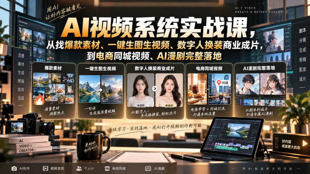 AI视频系统实战课，从找爆款素材、一键生图生视频、数字人换装商业成片，到电商同城视频、AI漫剧完整落地-韬哥副业项目资源网