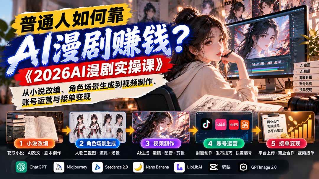 (21173期)普通人如何靠AI漫剧赚钱?《2026AI漫剧实操课》从小说改编、角色场景生成到视频制作、账号运营与接单变现-韬哥副业项目资源网