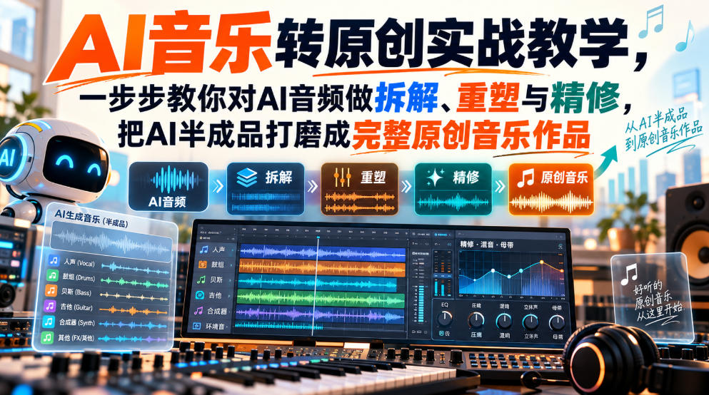 AI音乐转原创实战教学,一步步教你对AI音频做拆解、重塑与精修,把AI半成品打磨成完整原创音乐作品-韬哥副业项目资源网