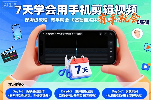 7天学会用手机剪辑视，保姆级教程，有手就会，0基础自媒体短视频创作教程-韬哥副业项目资源网
