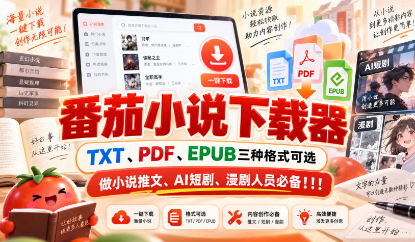 番茄小说下载器，TXT、PDF、EPUB三种格式可选，做小说推文、AI短剧、漫剧人员必备！！！-韬哥副业项目资源网