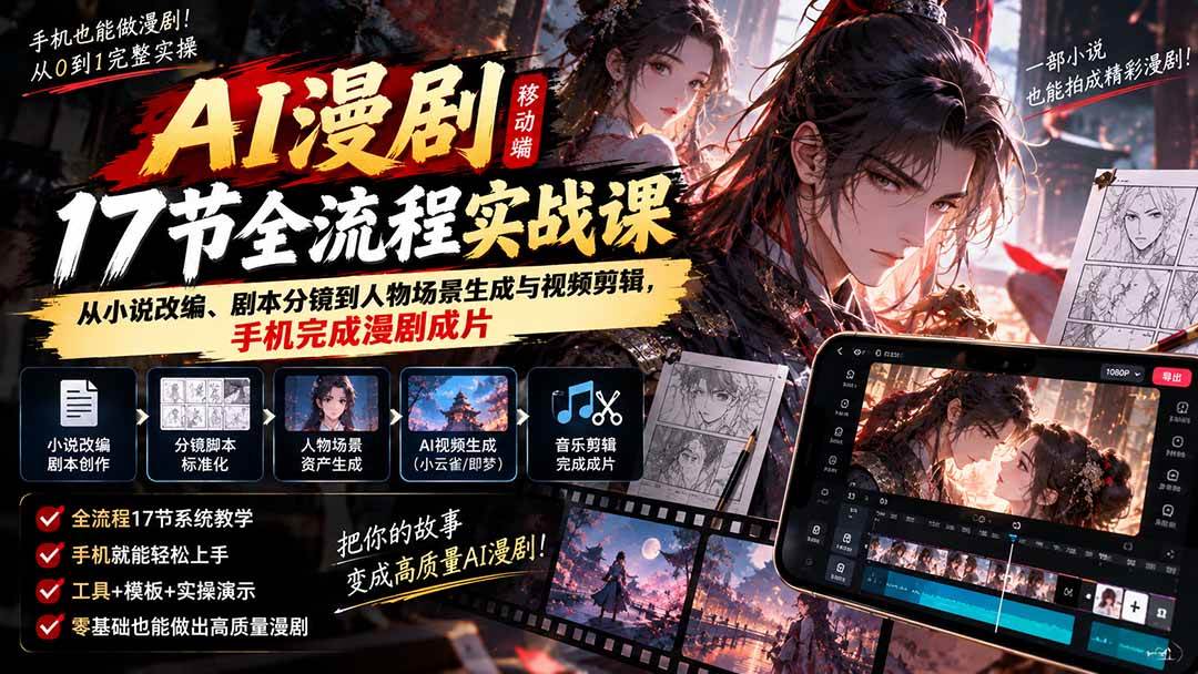 （20624期）AI漫剧移动端17节全流程实战课：从小说改编、剧本分镜到人物场景生成与视频剪辑，手机完成漫剧成片-韬哥副业项目资源网