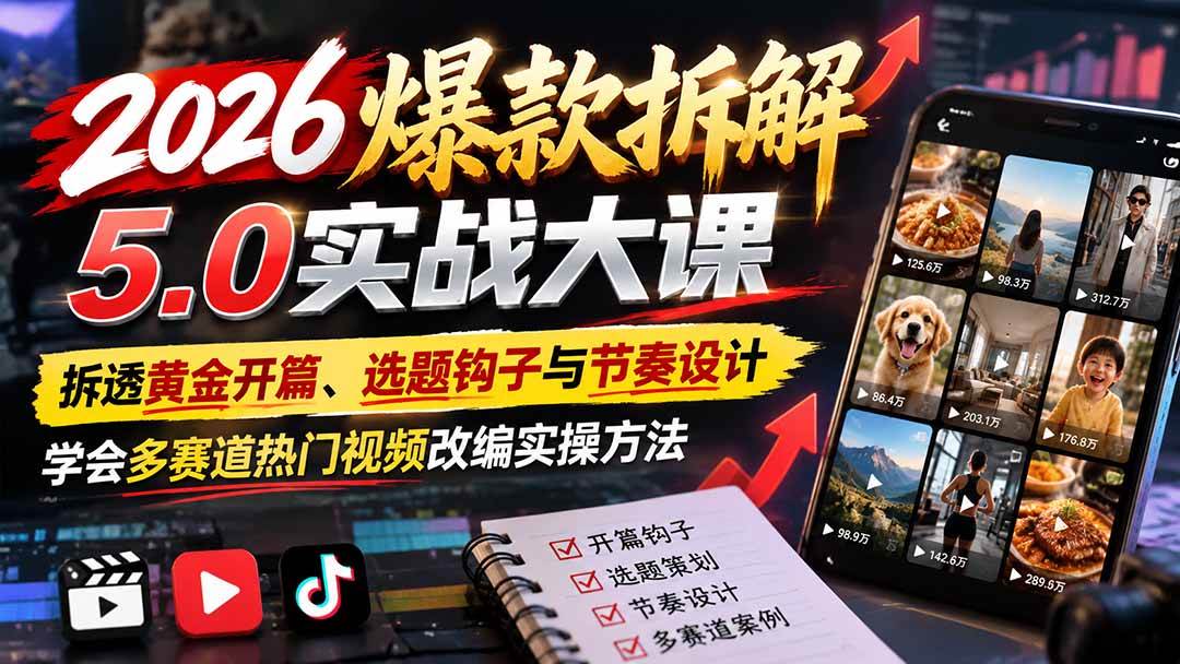 （21110期）2026爆款拆解5.0实战大课：拆透黄金开篇、选题钩子与节奏设计，学会多赛道热门视频改编实操方法-韬哥副业项目资源网