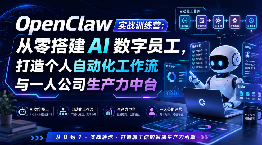 OpenClaw实战训练营：从零搭建AI数字员工，打造个人自动化工作流与一人公司生产力中台-韬哥副业项目资源网