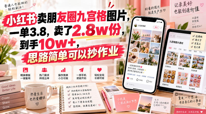 小红书卖朋友圈九宫格图片，一单3.8，卖了2.8w份，到手10w+，思路简单可以抄作业-韬哥副业项目资源网