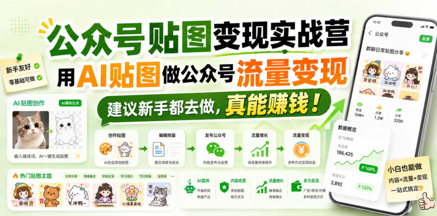 公众号贴图变现实战营,用AI贴图做公众号流量变现,建议新手都去做,真能賺钱!-韬哥副业项目资源网