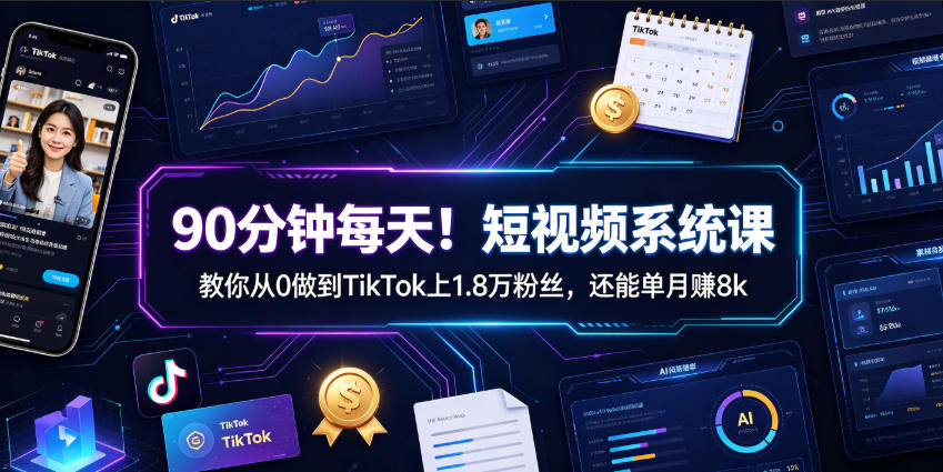 90分钟每天！短视频系统课教你从0做到TikTok上1.8万粉丝，还能单月賺8k【原创双语字幕】-韬哥副业项目资源网