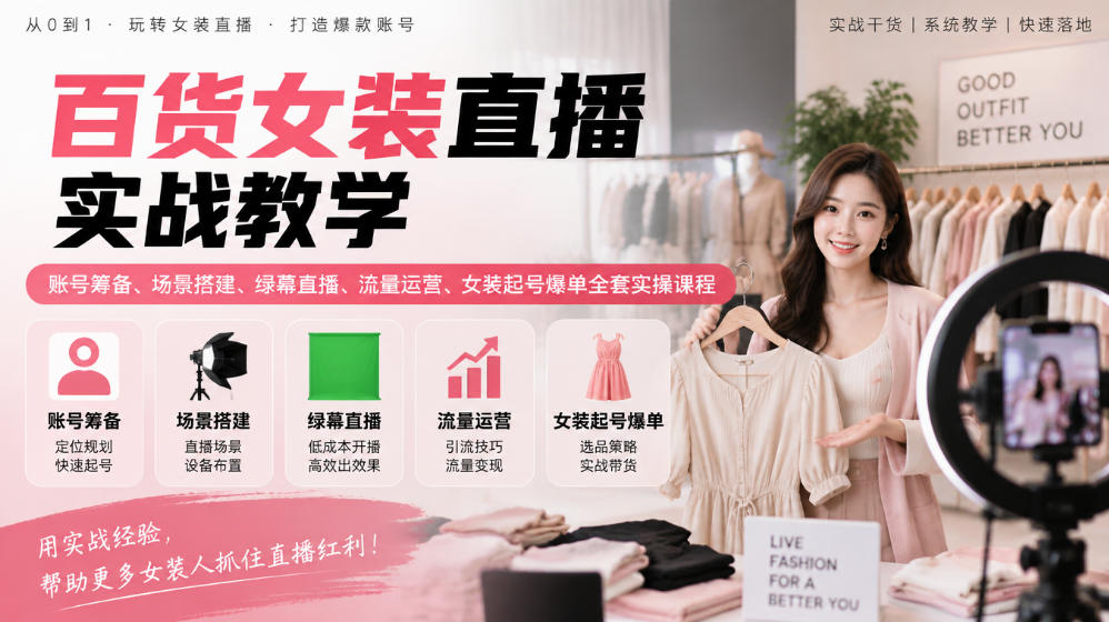 百货女装直播实战教学｜账号筹备、场景搭建、绿幕直播、流量运营、女装起号爆单全套实操课程-韬哥副业项目资源网