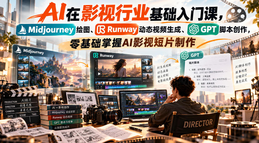 【无水印】AI在影视行业基础入门课，Midjourney绘图、Runway动态视频生成、GPT脚本创作，零基础掌握AI影视短片制作-韬哥副业项目资源网