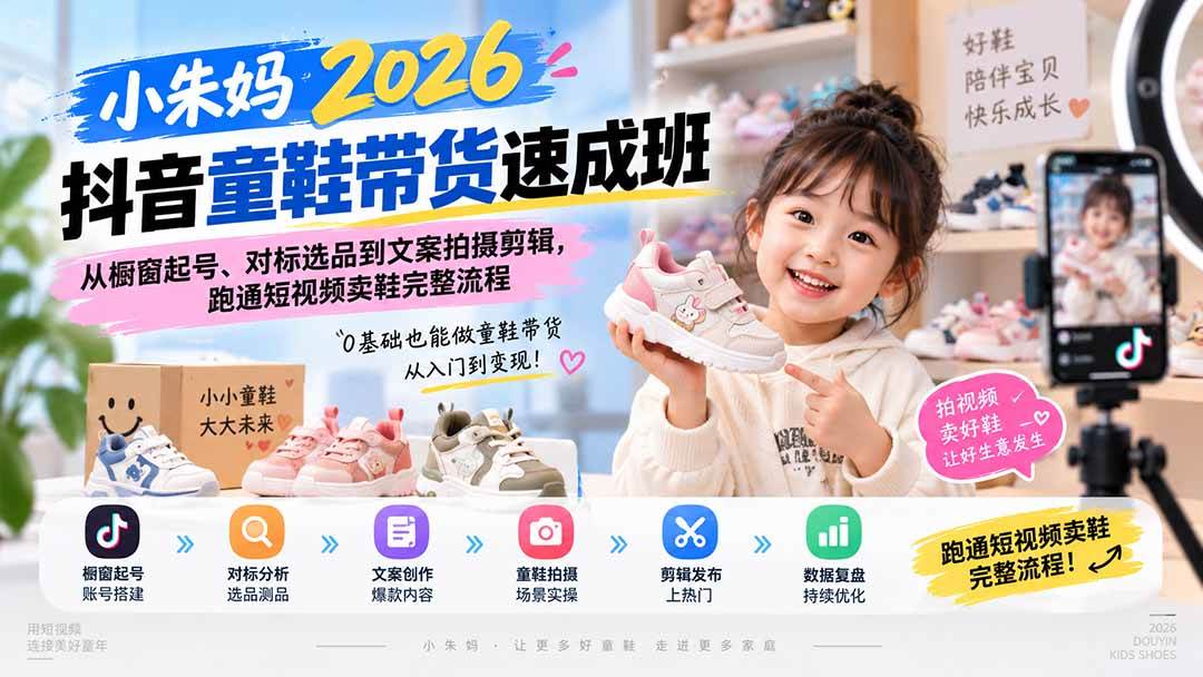（20267期）小朱妈2026抖音童鞋带货速成班：从橱窗起号、对标选品到文案拍摄剪辑，跑通短视频卖鞋完整流程-韬哥副业项目资源网
