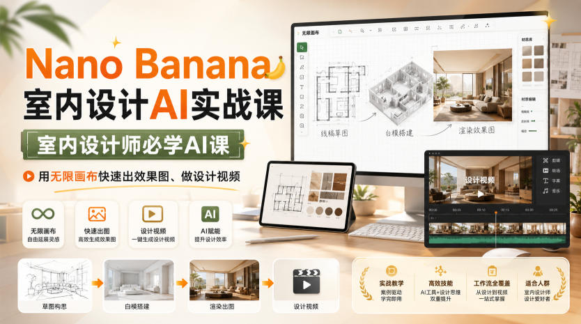 Nano Banana室内设计AI实战课，室内设计师必学AI课，用无限画布快速出效果图、做设计视频-韬哥副业项目资源网