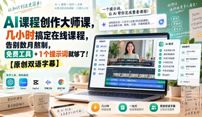 AI课程创作大师课，几小时搞定在线课程，告别数月熬制，免费工具+1个提示词就够了！【原创双语字幕】-韬哥副业项目资源网