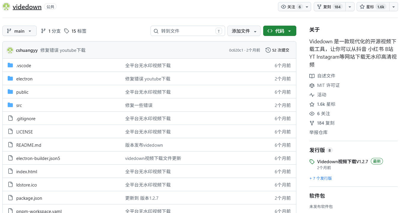 GitHub上1.6k stars开源下载器，界面清爽免费用，小红书某音B站youtube视频一键保存Videdown-韬哥副业项目资源网