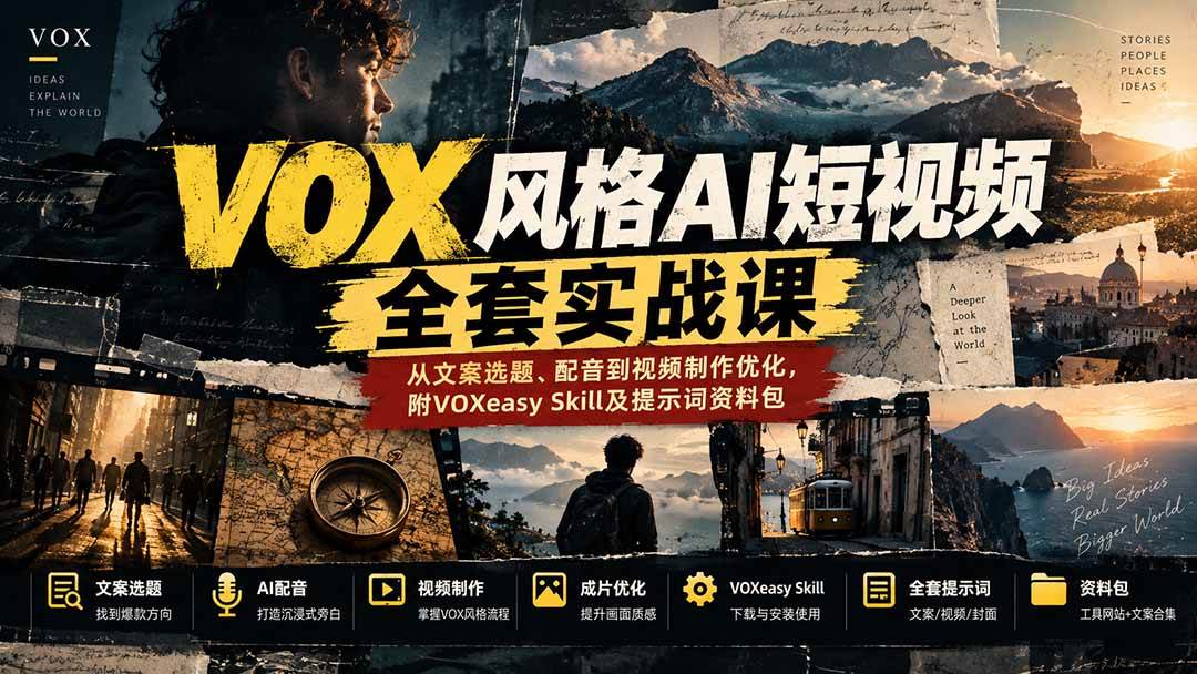 （20677期）【无水印】VOX风格AI短视频全套实战课：从文案选题、配音到视频制作优化，附VOXeasy Skill及提示词资料包-韬哥副业项目资源网