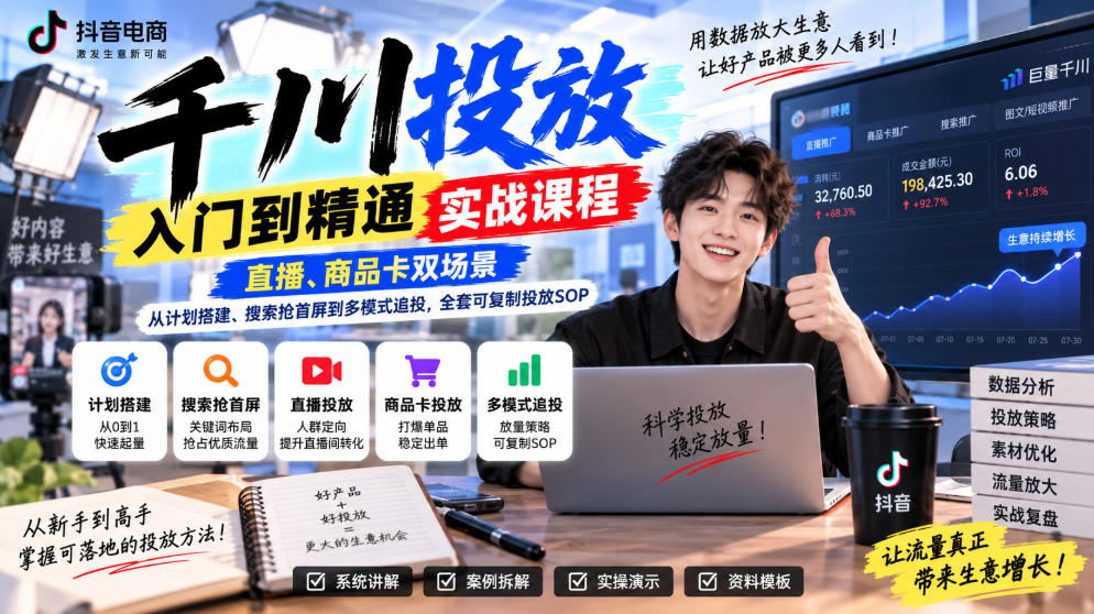 千川投放入门到精通实战课程，直播、商品卡双场景，从计划搭建、搜索抢首屏到多模式追投，全套可复制投放SOP-韬哥副业项目资源网