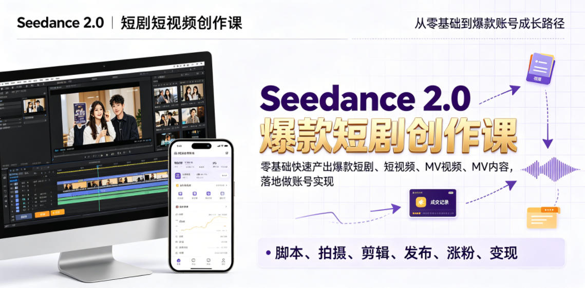 Seedance 2.0短剧短视频创作课，零基础快速产出爆款短剧、短视频、MV内容，落地做账号实现变现-韬哥副业项目资源网