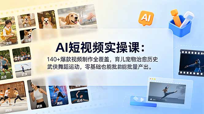 AI短视频实操课：140+爆款视频制作全覆盖，育儿宠物治愈历史武侠舞蹈运动，零基础也能批量产出-韬哥副业项目资源网