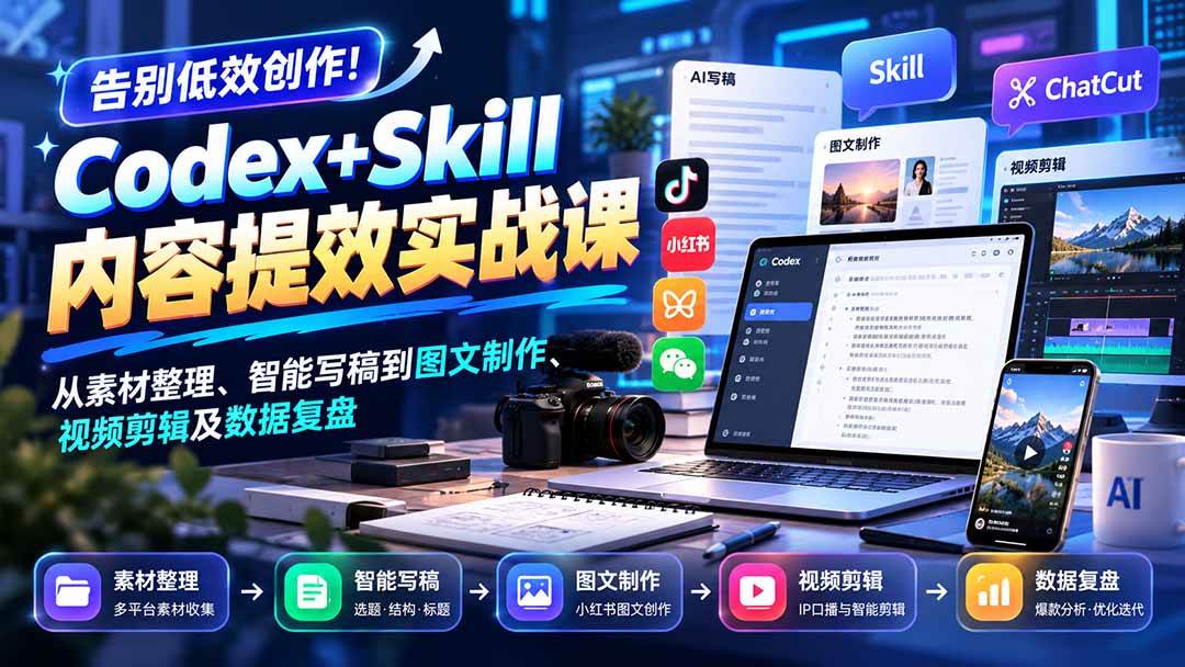 （20915期）【无水印】告别低效创作！Codex+Skill内容提效实战课：从素材整理、智能写稿到图文制作、视频剪辑及数据复盘-韬哥副业项目资源网