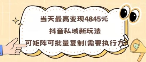 当天最高变现1k+，抖音私域新玩法，可矩阵可批量复制-韬哥副业项目资源网