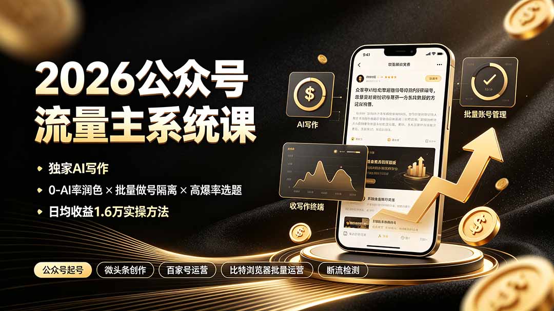 2026公众号流量主系统课:独家AI写作×0-AI率润色×批量做号隔离×高爆率选题,日均收益1.6万实操方法-韬哥副业项目资源网
