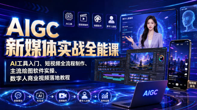 AIGC新媒体实战全能课｜AI工具入门、短视频全流程制作、主流绘图软件实操、数字人商业视频落地教程-韬哥副业项目资源网
