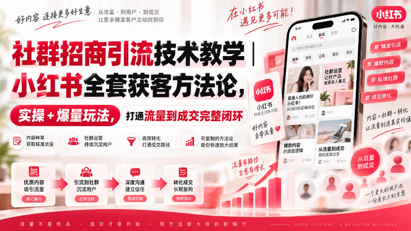社群招商引流技术教学｜小红书全套获客方法论，实操+爆量玩法，打通流量到成交完整闭环-韬哥副业项目资源网