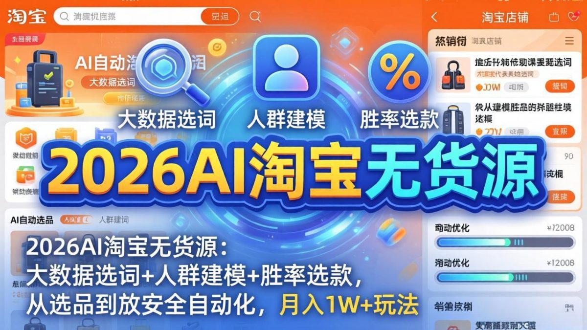 2026AI淘宝无货源-4月更新：大数据选词+人群建模+胜率选款，从选品到放大全自动化，月入1W+玩法-韬哥副业项目资源网