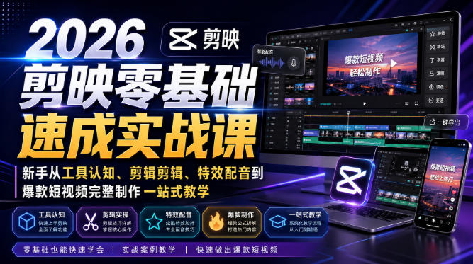 2026剪映零基础速成实战课｜新手从工具认知、剪辑剪辑、特效配音到爆款短视频完整制作一站式教学-韬哥副业项目资源网