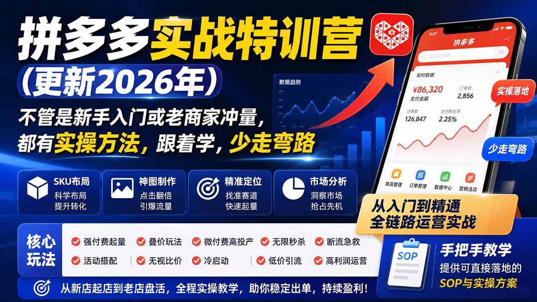 （20158期）拼多多实战特训营(更新26年0831)：不管是新手入门或老商家冲量，都有实操方法，跟着学，少走弯路