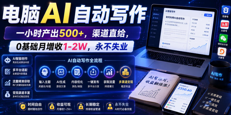 电脑AI自动写作，一小时产出500+，渠道直给，0基础月增收1-2W，永不失业【揭秘】-韬哥副业项目资源网