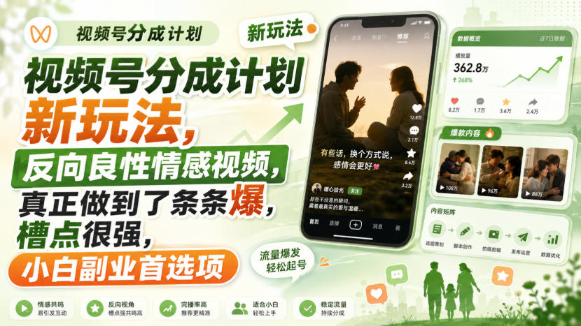 视频号分成计划新玩法，反向良性情感视频，真正做到了条条爆，槽点很强，小白副业首选项-韬哥副业项目资源网