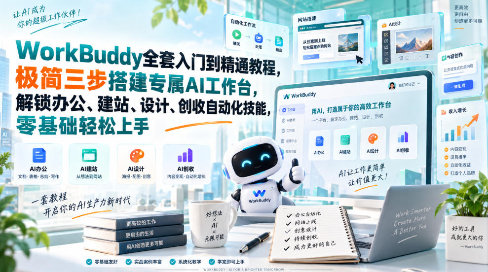 WorkBuddy全套入门到精通教程,极简三步搭建专属AI工作台,解锁办公、建站、设计、创收自动化技能,零基础轻松上手-韬哥副业项目资源网