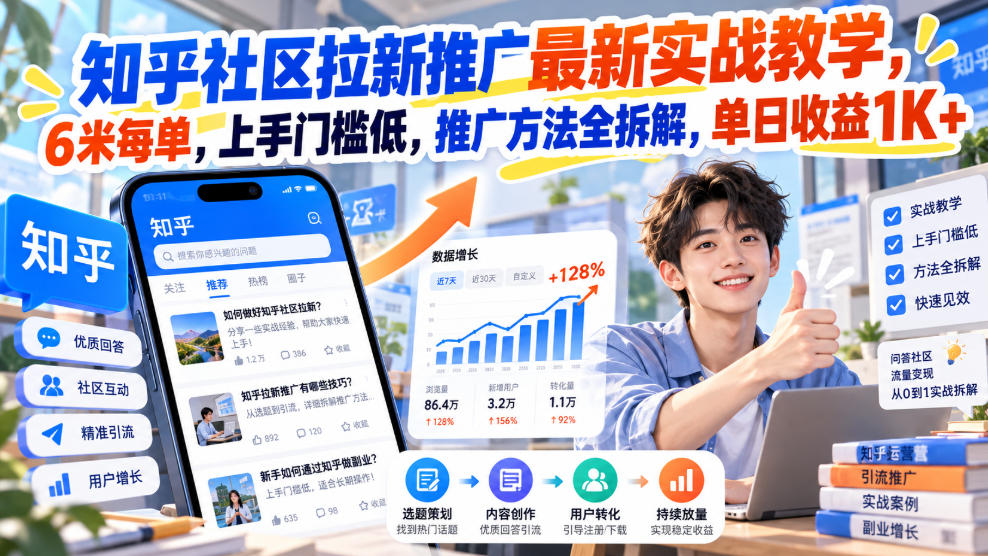 知乎社区拉新推广最新实战教学，6米每单，上手门槛低，推广方法全拆解，单日收益1K+！-韬哥副业项目资源网