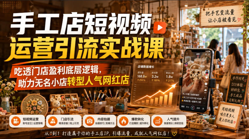 手工店短视频运营引流实战课，吃透门店盈利底层逻辑，助力无名小店转型人气网红店-韬哥副业项目资源网