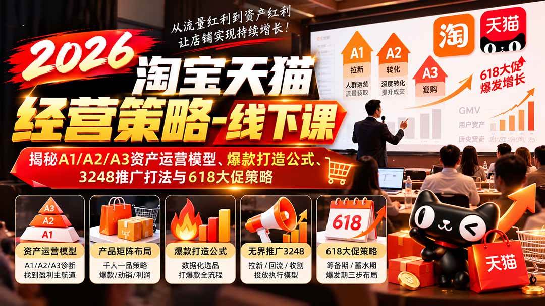 （20912期）2026淘宝天猫经营策略-线下课：揭秘A1/A2/A3资产运营模型、爆款打造公式、3248推广打法与618大促策略-韬哥副业项目资源网
