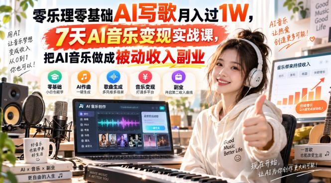 零乐理零基础AI写歌月入过1W，7天AI音乐变现实战课，把AI音乐做成被动收入副业-韬哥副业项目资源网