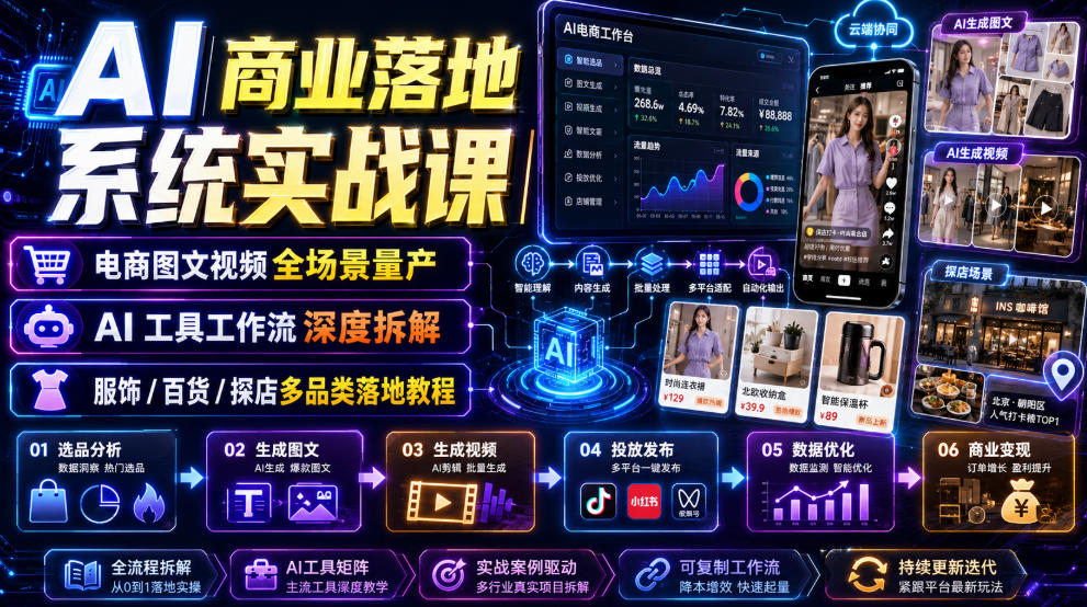 AI商业落地系统实战课｜电商图文视频全场景量产・AI工具工作流深度拆解・服饰/百货/探店多品类落地教程-韬哥副业项目资源网