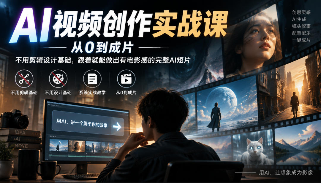 AI视频创作实战课,从0到成片,不用剪辑设计基础,跟着就能做出有电影感的完整AI短片 AI视频创作实战课,从0到成片,不用剪辑设计基础,跟着就能做出有电影感的完整AI短片