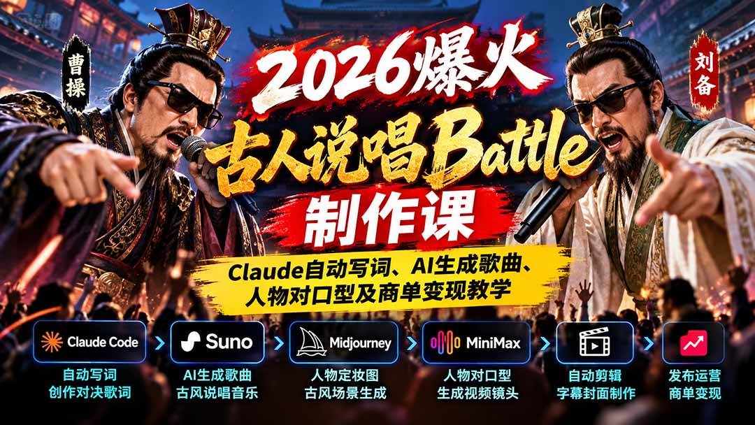 （21059期）2026爆火古人说唱Battle制作课：Claude自动写词、AI生成歌曲、人物对口型及商单变现教学-韬哥副业项目资源网