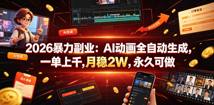 2026暴力副业：AI动画全自动生成，一单上千，月稳2W，永久可做【揭秘】-韬哥副业项目资源网