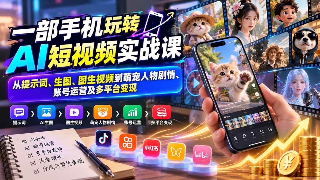 （20663期）一部手机玩转AI短视频实战课：从提示词、生图、图生视频到萌宠人物剧情、账号运营及多平台变现-韬哥副业项目资源网