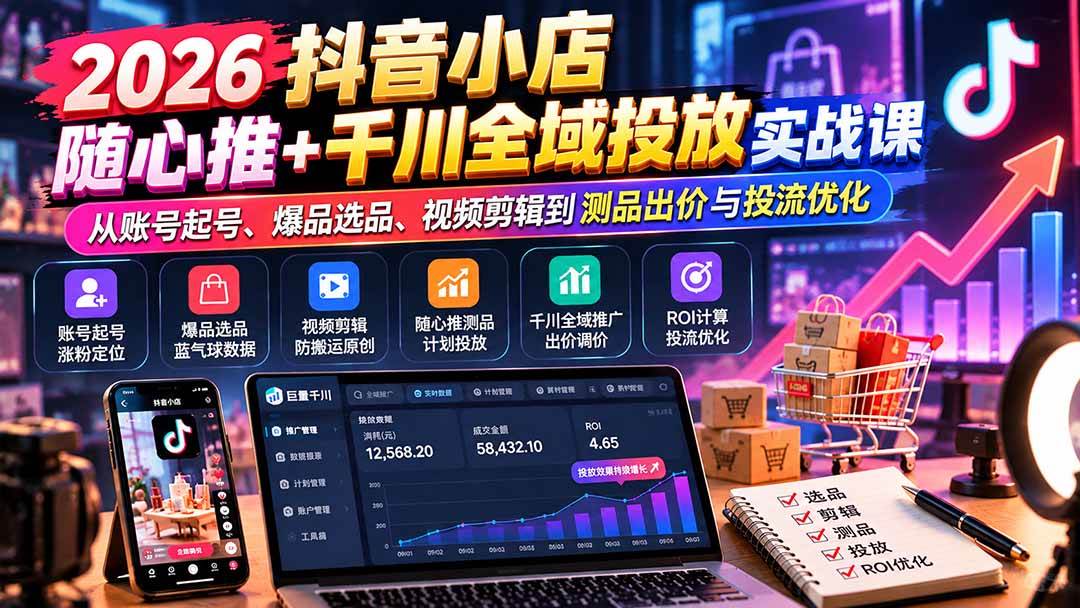 （20998期）2026抖音小店随心推+千川全域投放实战课：从账号起号、爆品选品、视频剪辑到测品出价与投流优化-韬哥副业项目资源网