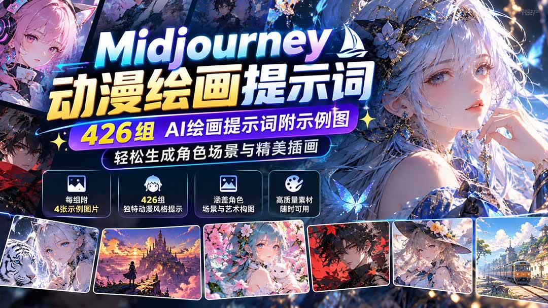 （21239期）Midjourney动漫绘画提示词：426组AI绘画提示词附示例图，轻松生成角色场景与精美插画-韬哥副业项目资源网